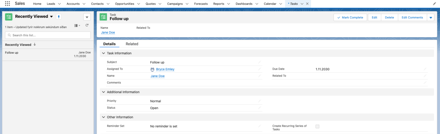 Screenshot of the author navigating Salesforce's task management system