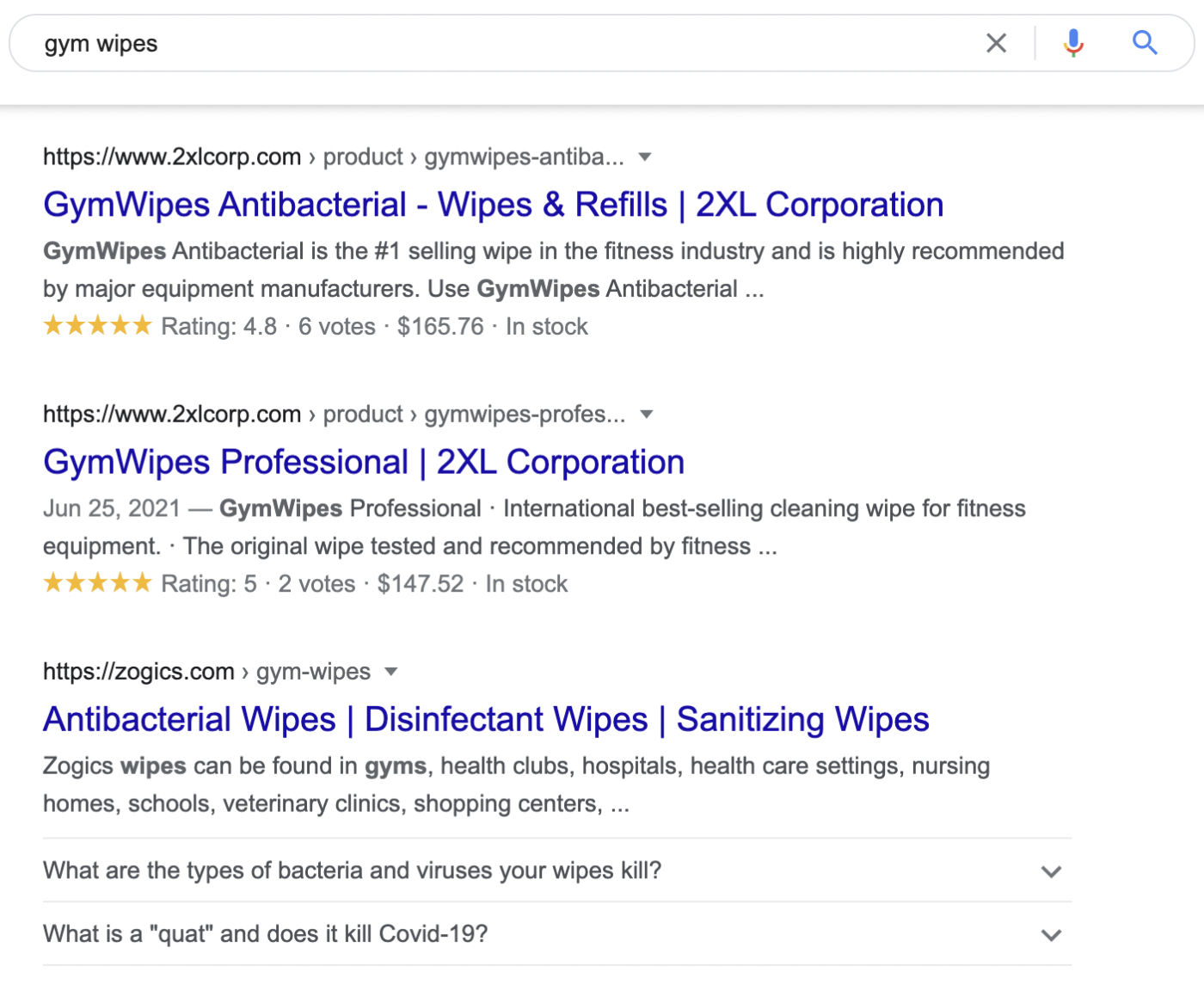 A search for "gym wipes" and the results
