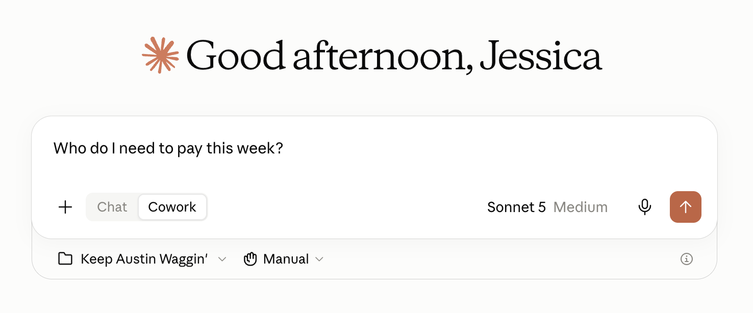 Conversation with Claude Cowork. The prompt specifically asks Claude who the user needs to pay this week.