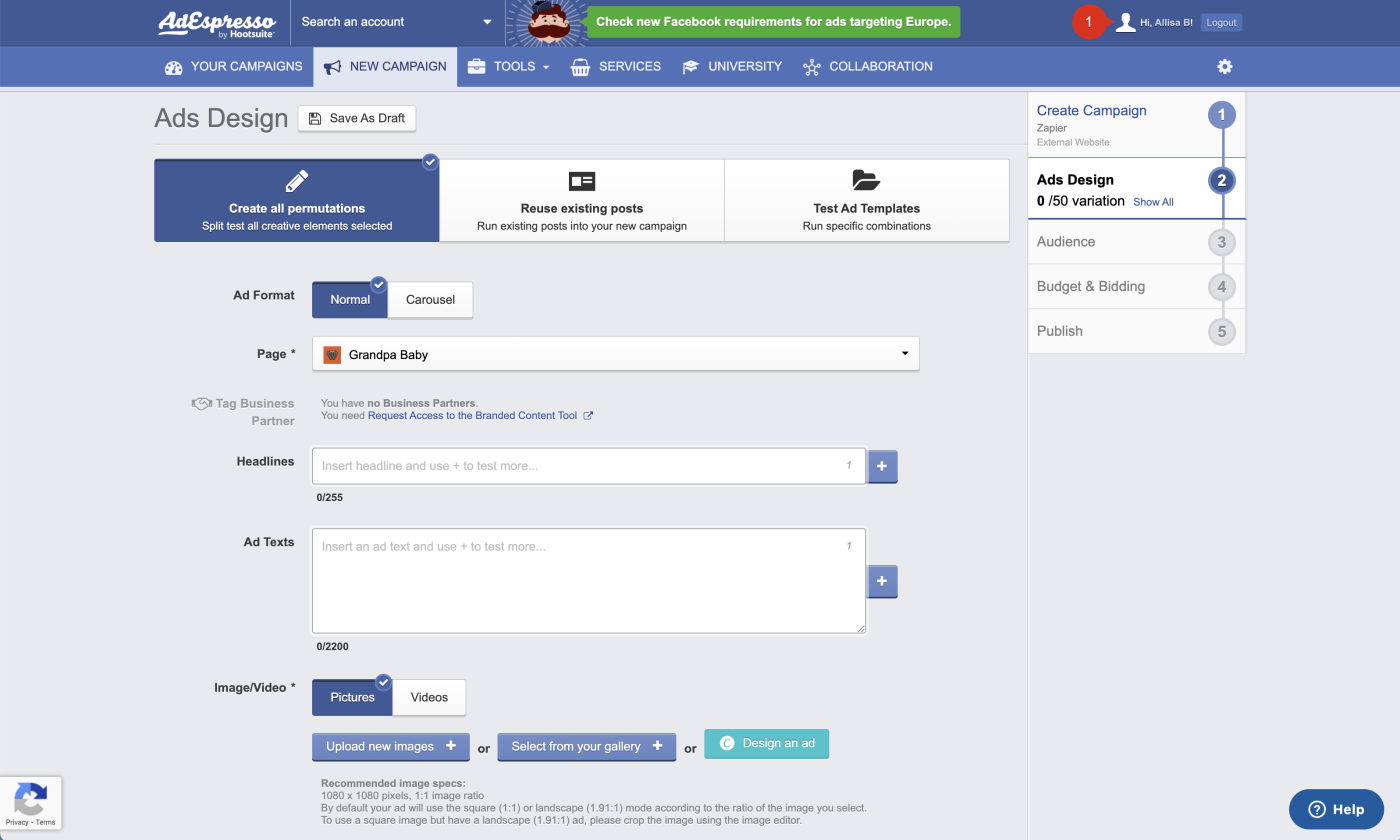 Screenshot of the AdEspresso by Hootsuite campaign creation interface for Facebook ads.