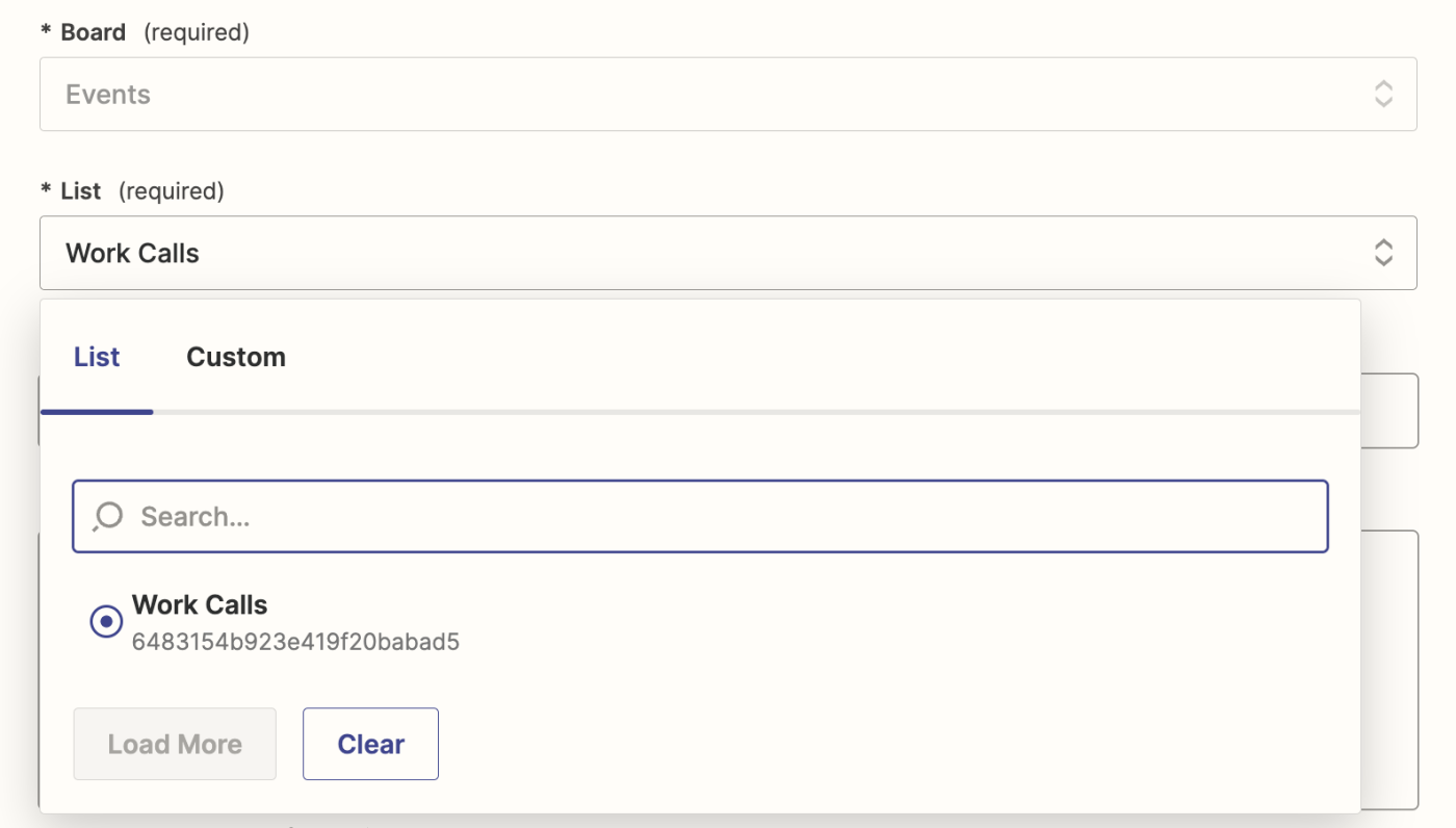 A dropdown is shown under the List field with Work Calls included in the dropdown list.