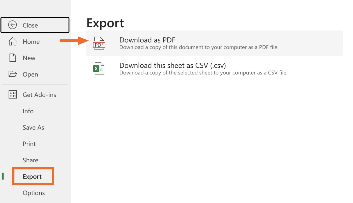 Expanded view of the file menu in Excel which shows how to export an Excel file as a PDF. 