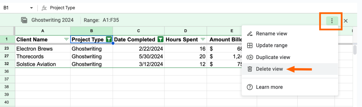 A filter view in Google Sheets with an expanded view of the options menu. The option to delete view is highlighted.