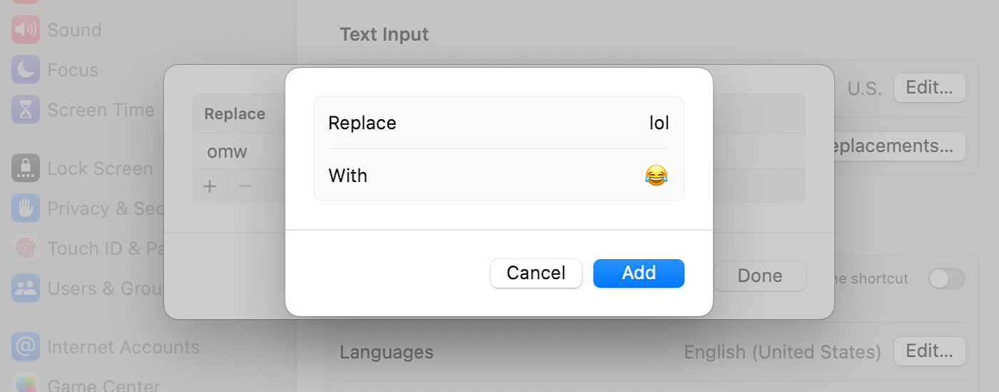 The Replace and With fields in Text Replacement on a Mac