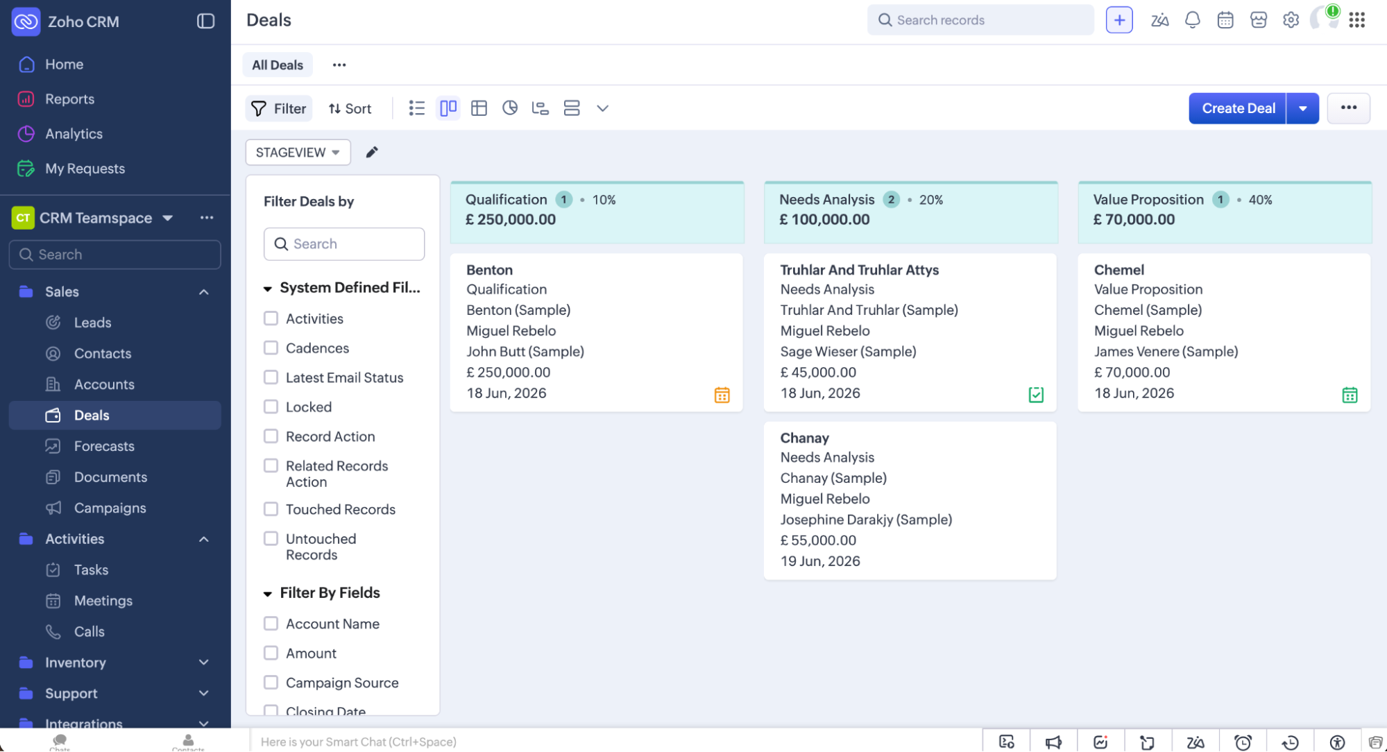 A screenshot of Zoho CRM, our pick for the best CRM for AI features