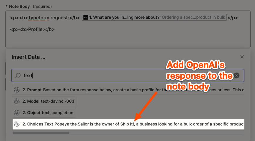 Map the result from the GPT-3 prompt to the note body.