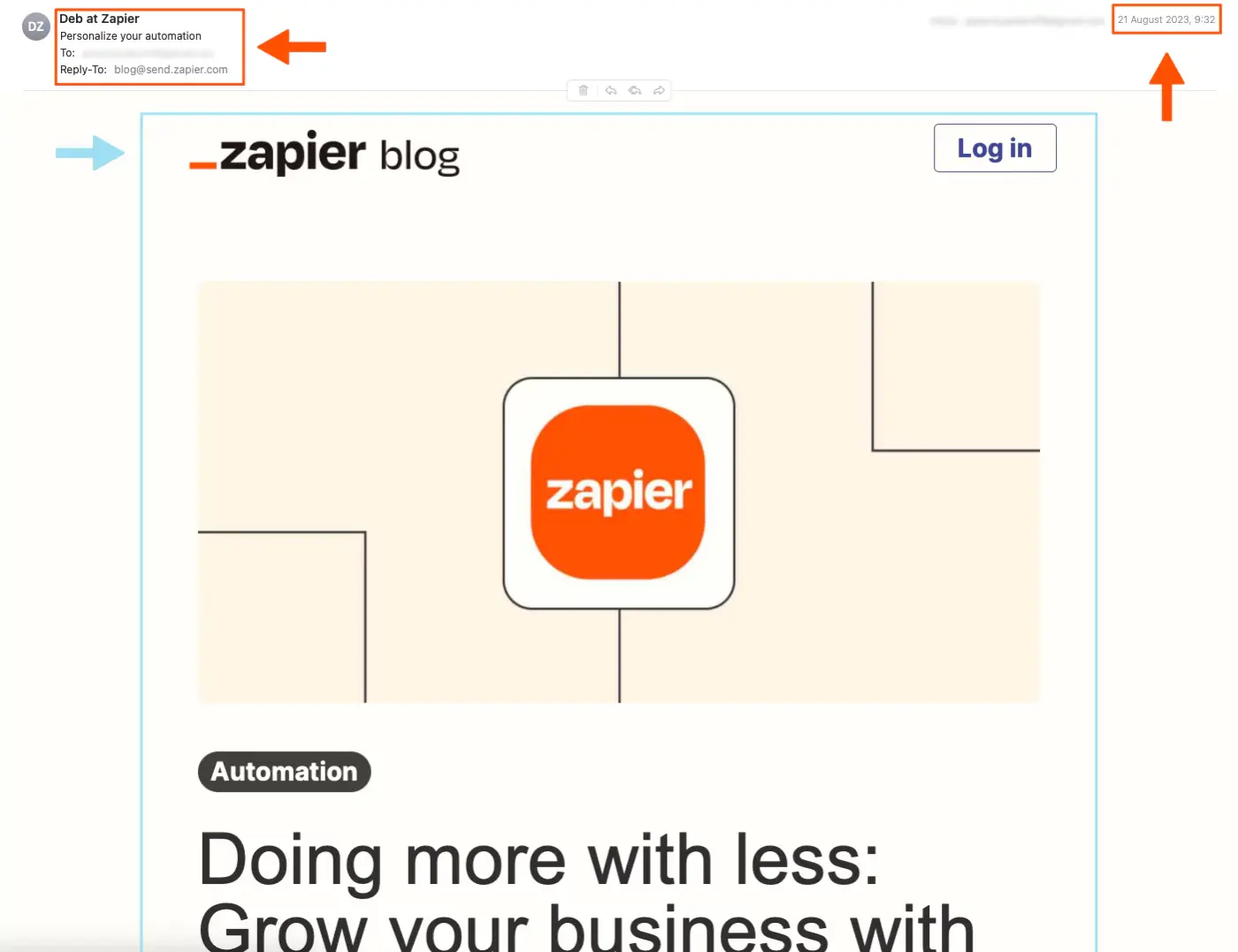 Screenshot of an email from Zapier that says "Do more with less: Grow your business with automation" with arrows pointing to the sender, date, recipient, subject line, and the content itself