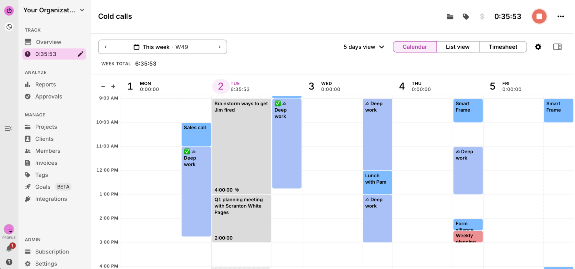 Toggl Track, our pick for the best time blocking app for agencies and client work