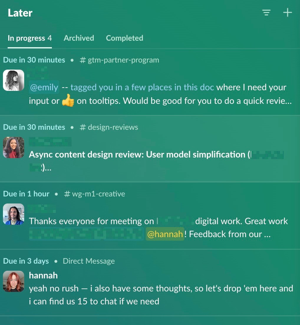 The Later tab in Hannah's Slack