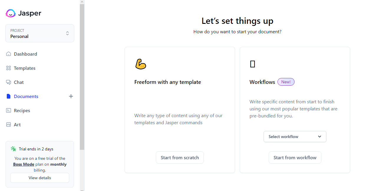 Jasper's document dashboard shows the options for creating long-form content