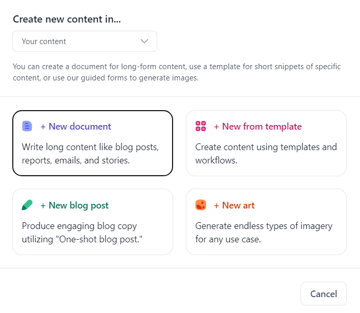 Jasper's document dashboard shows the options for creating long-form content