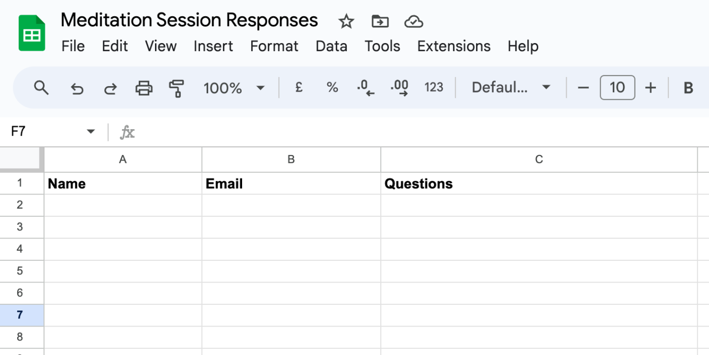 A Google Sheet with columns for name, email, and questions.