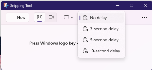 Snipping Tool delay snip dropdown.