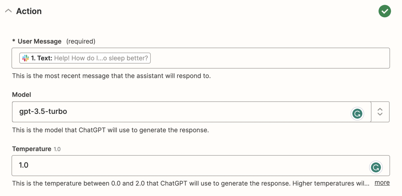 A screenshot of customizing the ChatGPT action step in the Zapier editor.