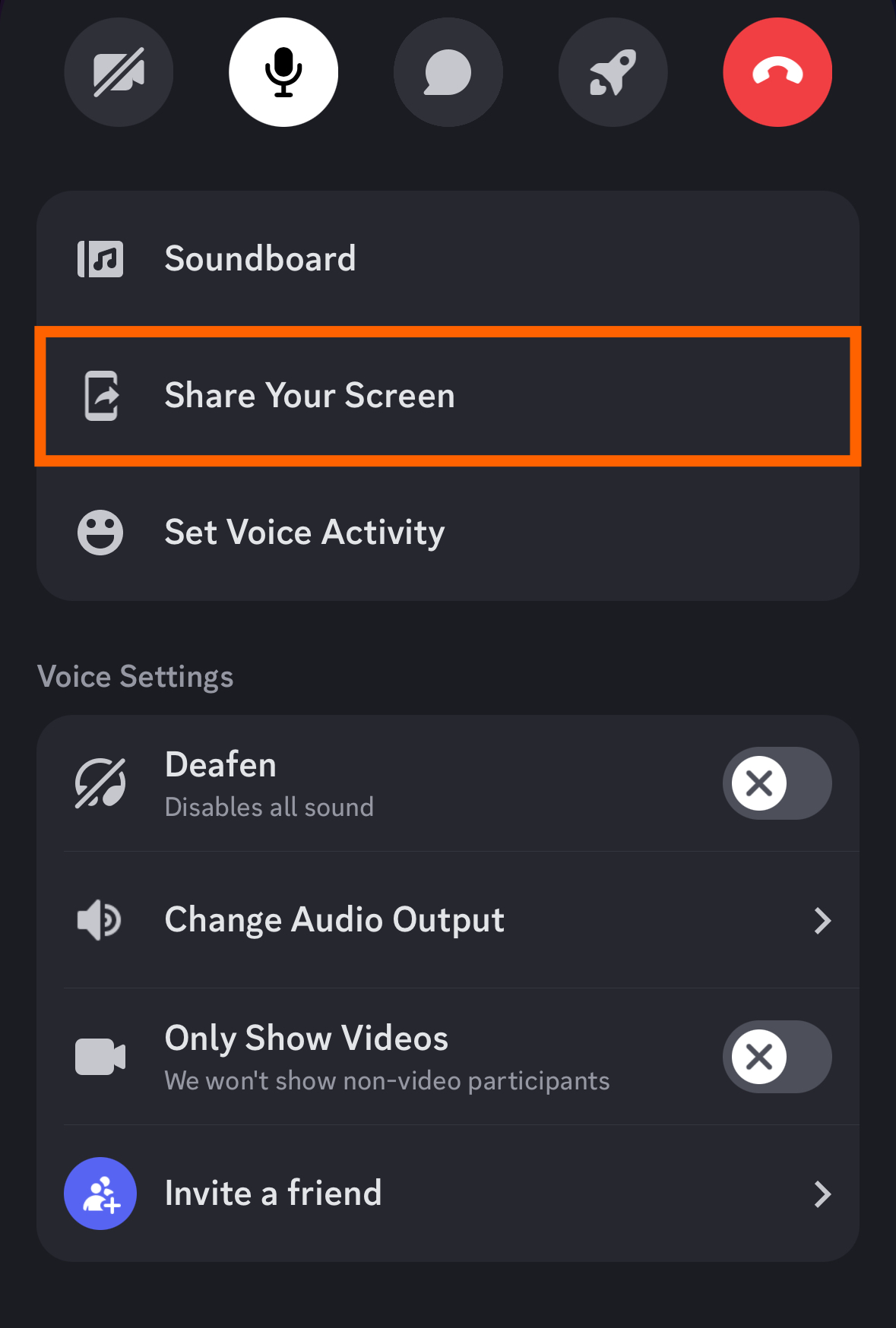 Image showing the Share Your Screen button on Discord mobile