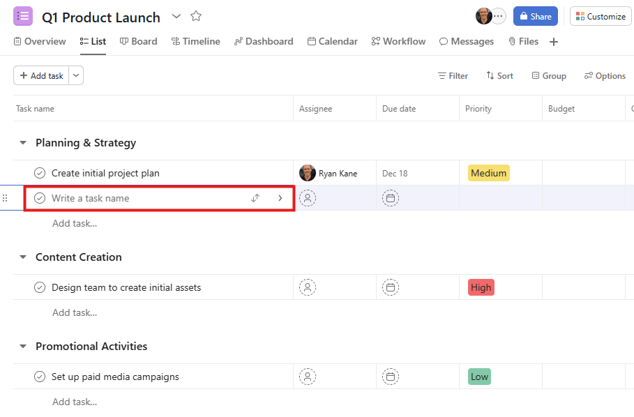 Asana vs. ClickUp: A cross-functional project plan list view in Asana