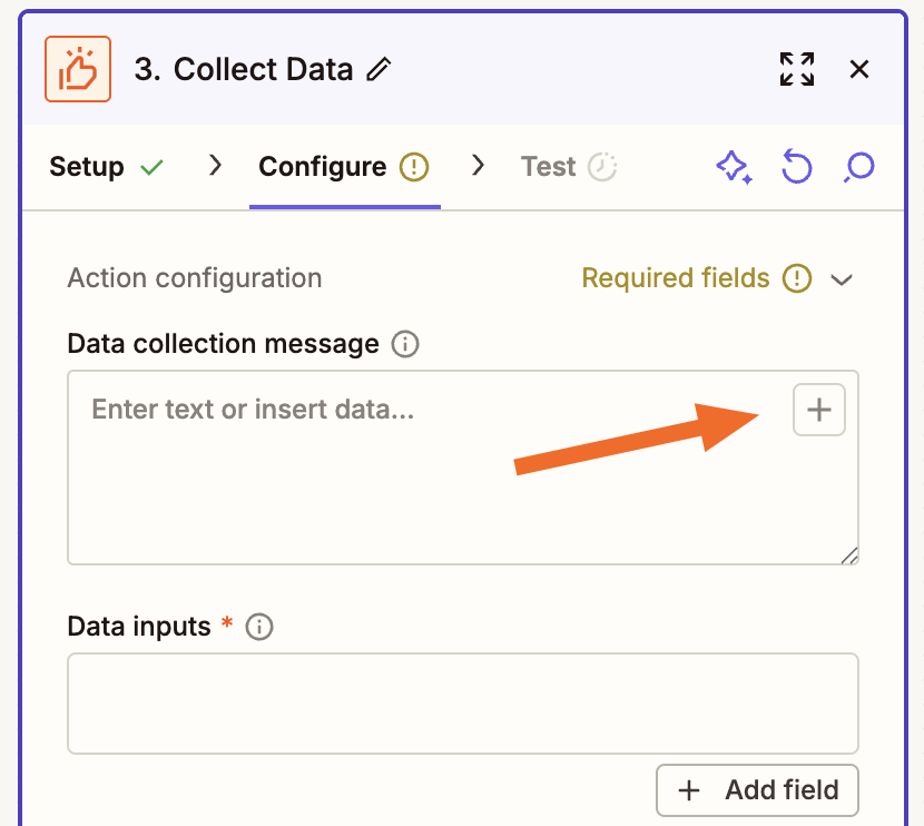 A field in a Zap editor window to enter a data collection message