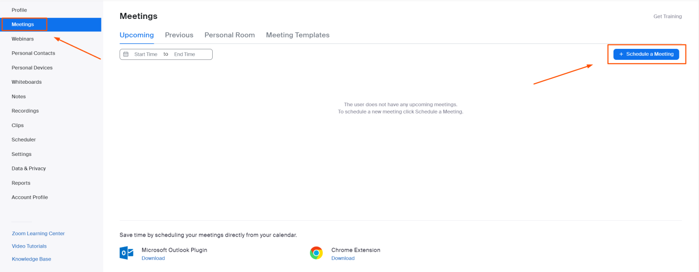 Screenshot of a Zoom page highlighting "Meetings" on the left-hand side and the "Schedule a Meeting" button in the top right corner