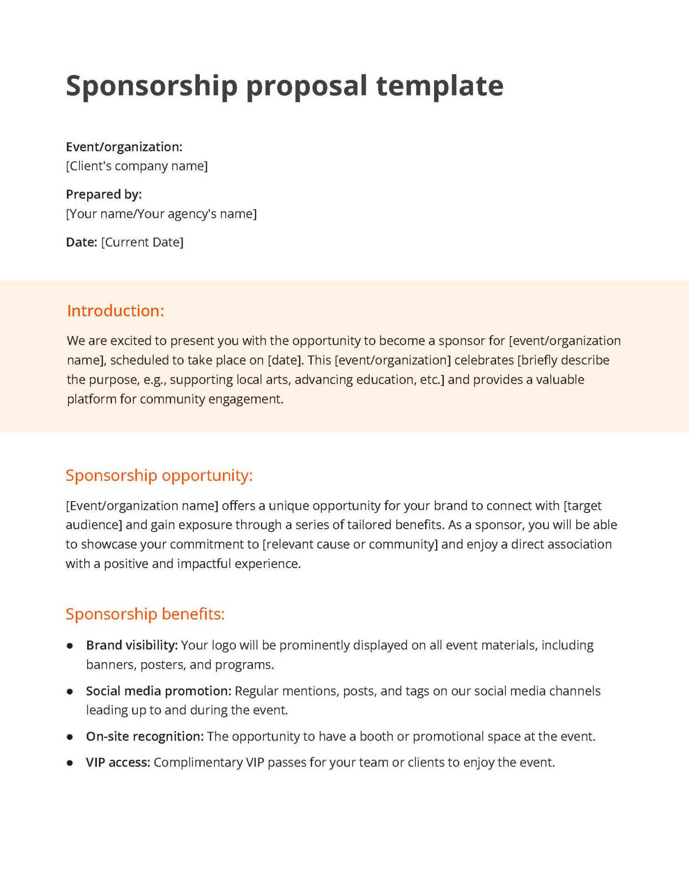 White and orange sponsorship proposal template including a section for the introduction, sponsorship opportunity and sponsorship benefits