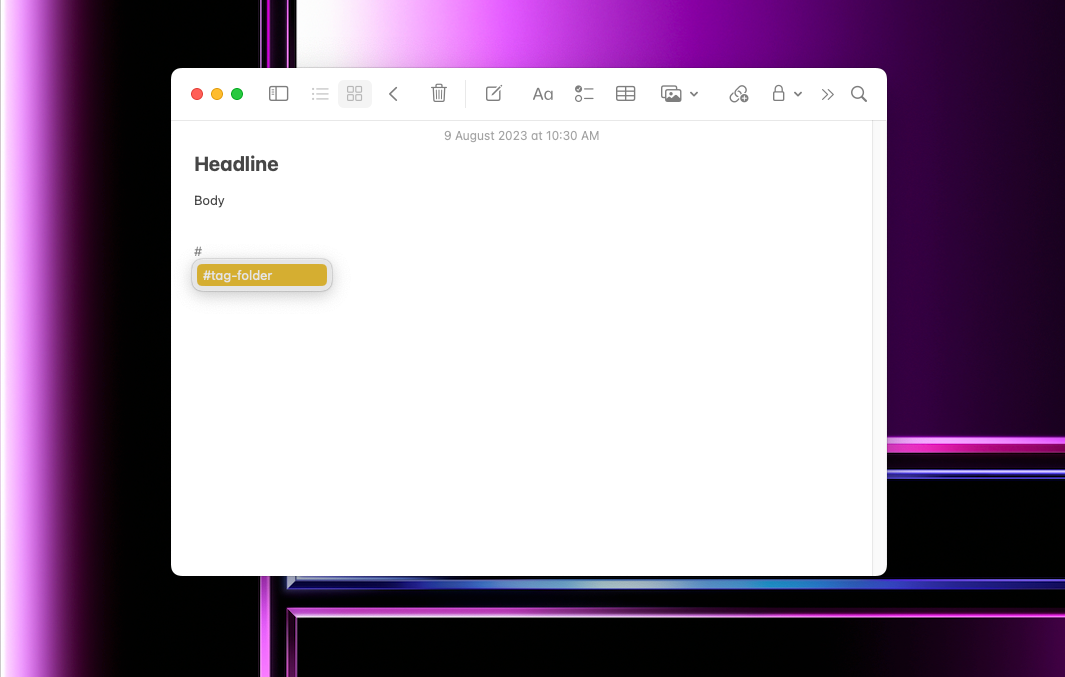 Using a hashtag to create a tag folder in Apple Notes