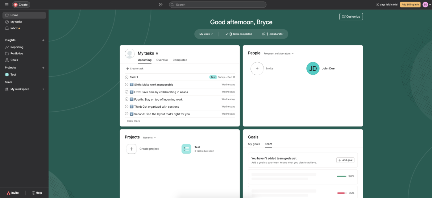 Screenshot of Asana's home dashboard, showing Bryce's tasks, projects, frequent collaborators, and goals in white boxes on a forest green background