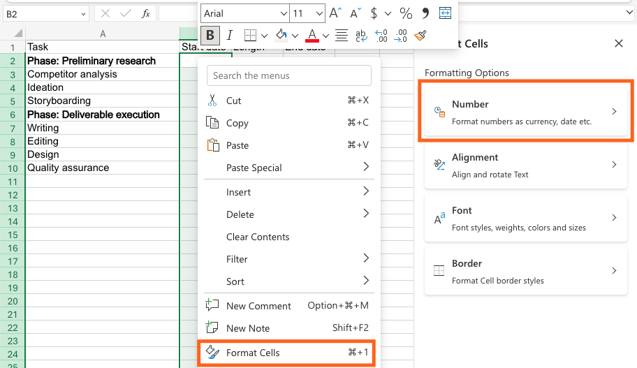 Screenshot of the Excel sheet showing how to format the data 