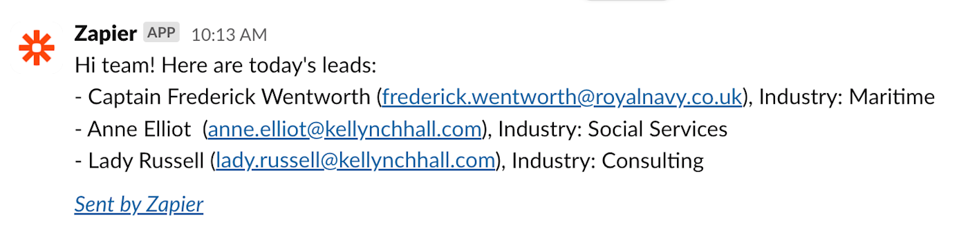A digest Slack message from a Zapier workflow.