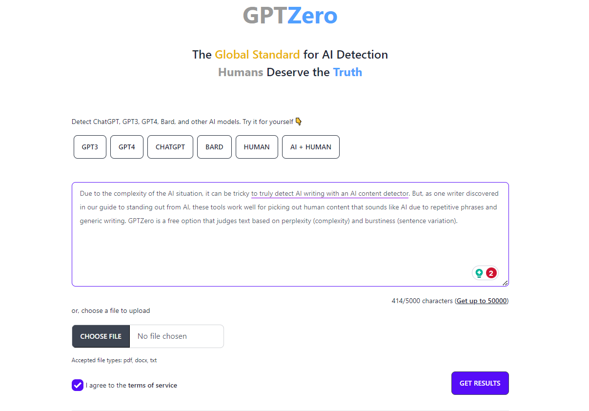 GPTZero, our pick for the best free writing software for comparing your writing to AI content