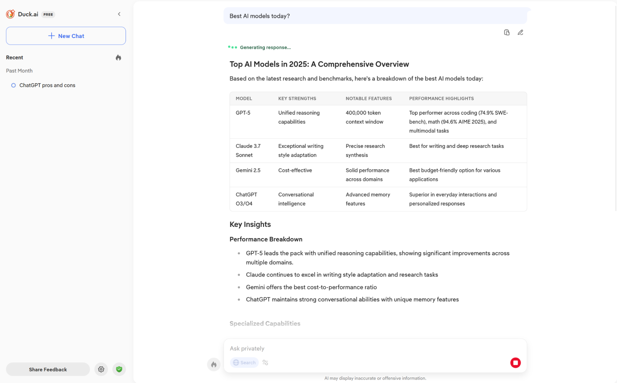 Duck.ai, our pick for the best AI chatbot for data privacy