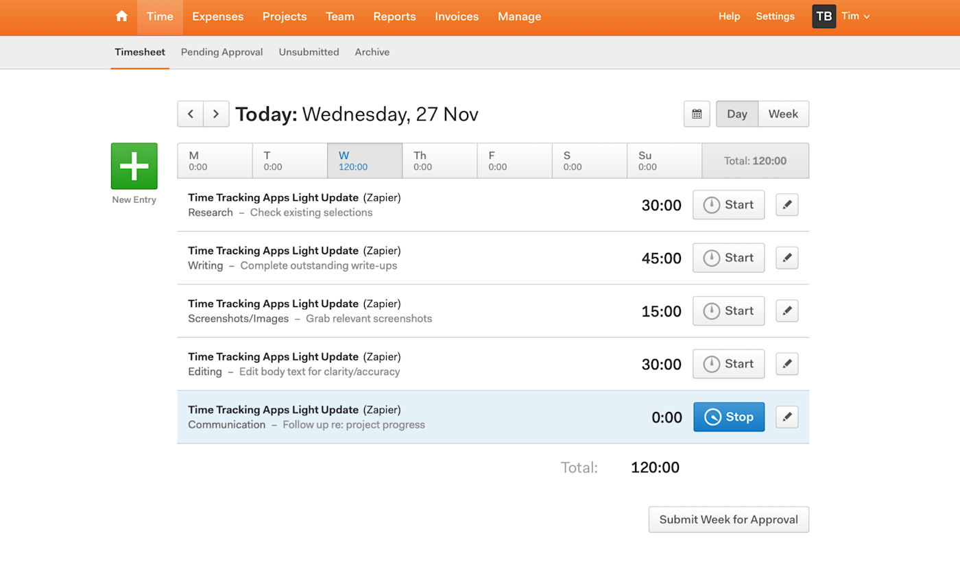 The interface for Harvest, our pick for the best time tracking app for teams