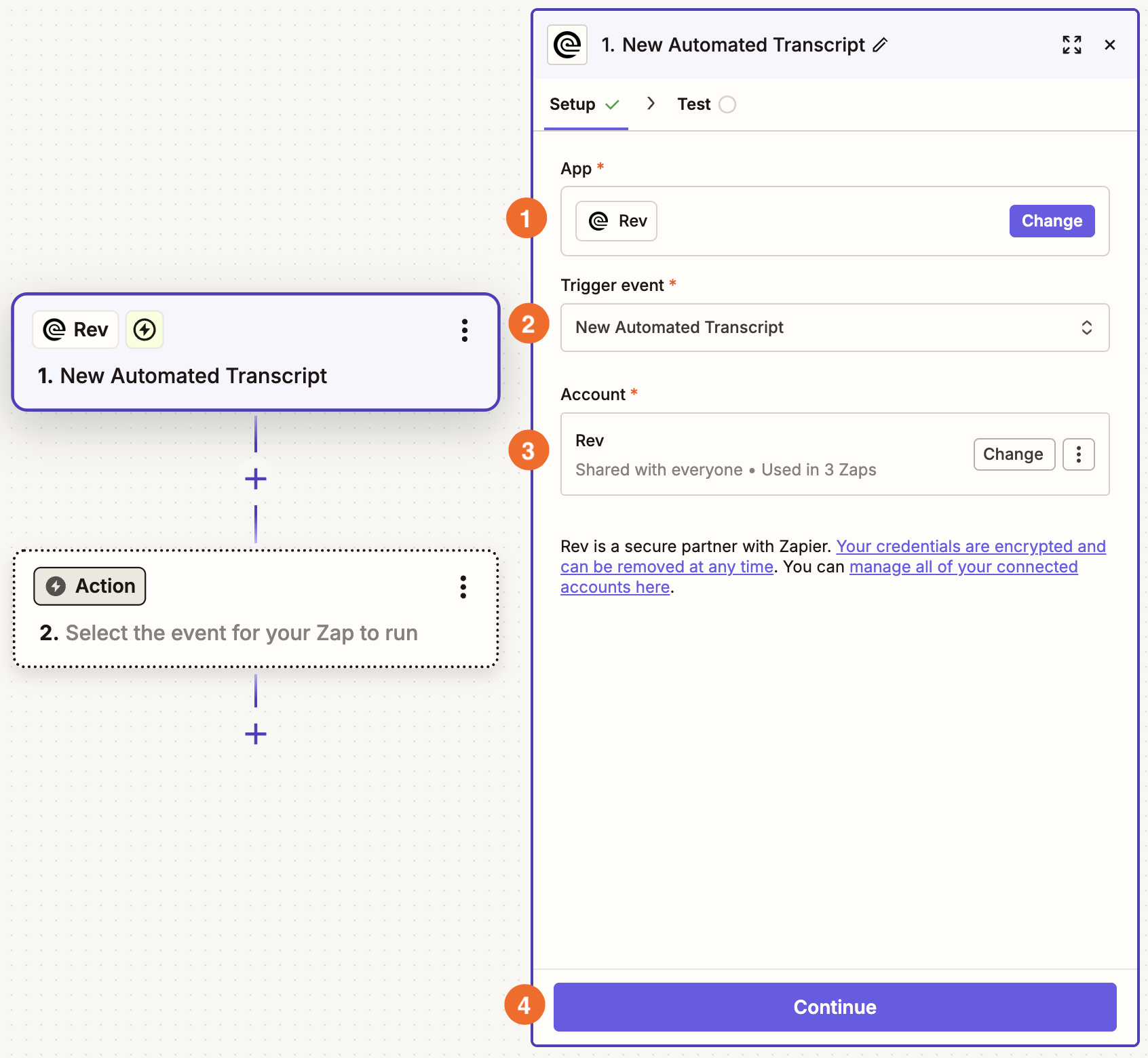The Zap editor showing a Rev New Automated Transcript trigger setup with app, trigger event, account selected, and Continue button