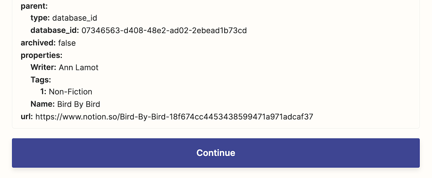 Test data from Notion is shown that includes details about the book Bird By Bird by author Ann Lamot.