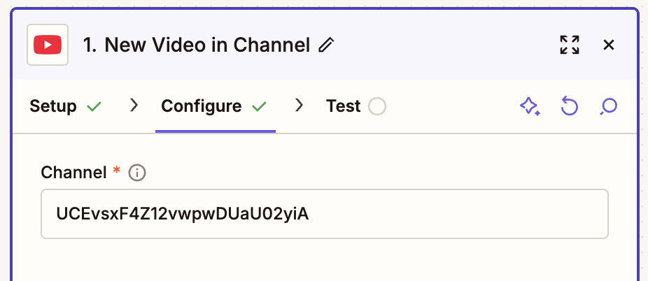 The Zap editor showing a YouTube New Video in Channel trigger with the Channel ID field filled in the Configure step