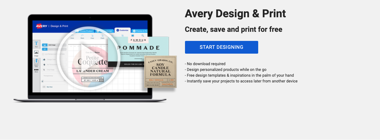 A screenshot of the Avery Design & Print homepage, reading "Create, save and print for free" and with a blue button that reads "Start designing."