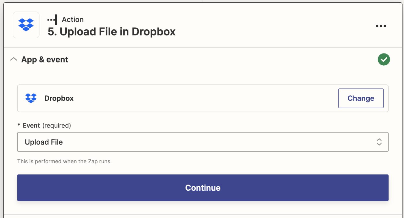 Screenshot of Dropbox action in Zap editor