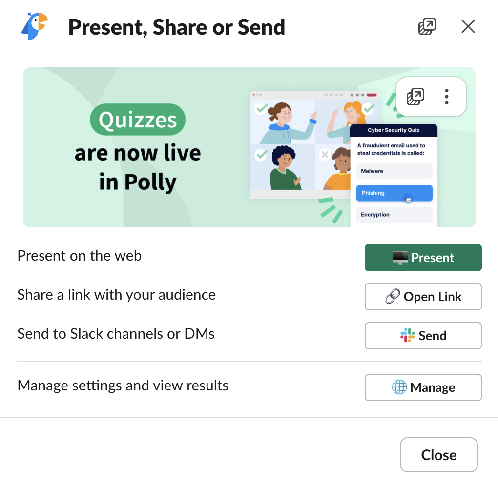 List of ways to share a Slack poll created via Polly.