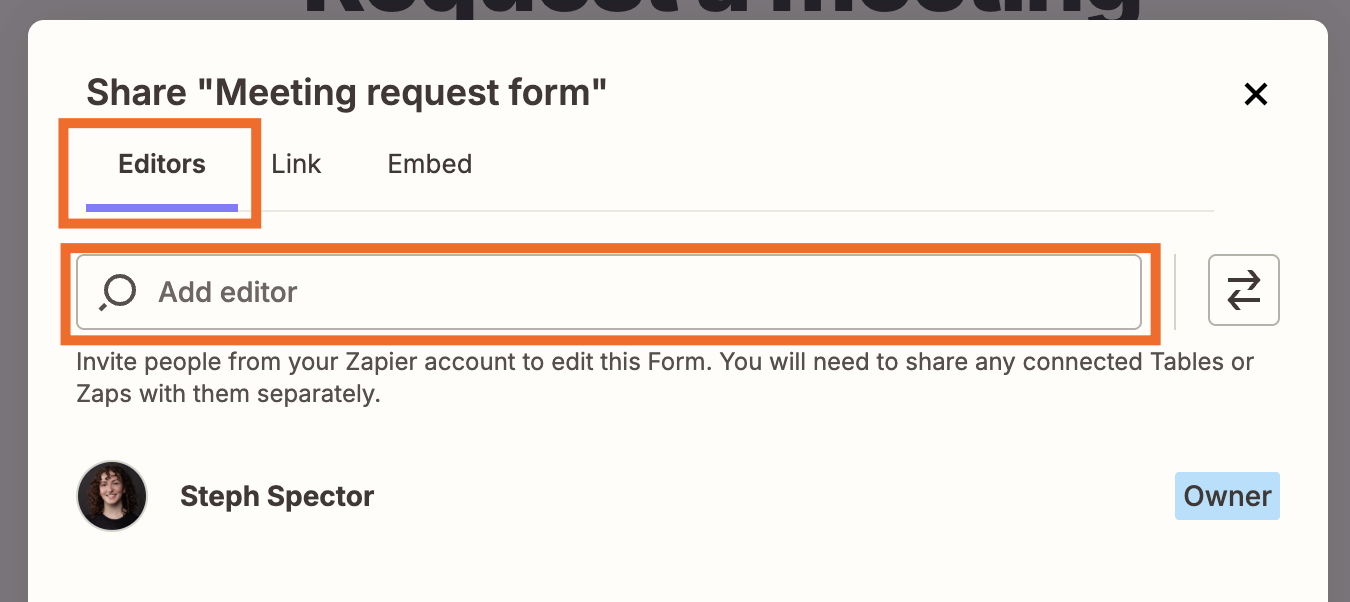 Share dialog box with the Editors tab selected, showing an Add editor field and the current owner listed below