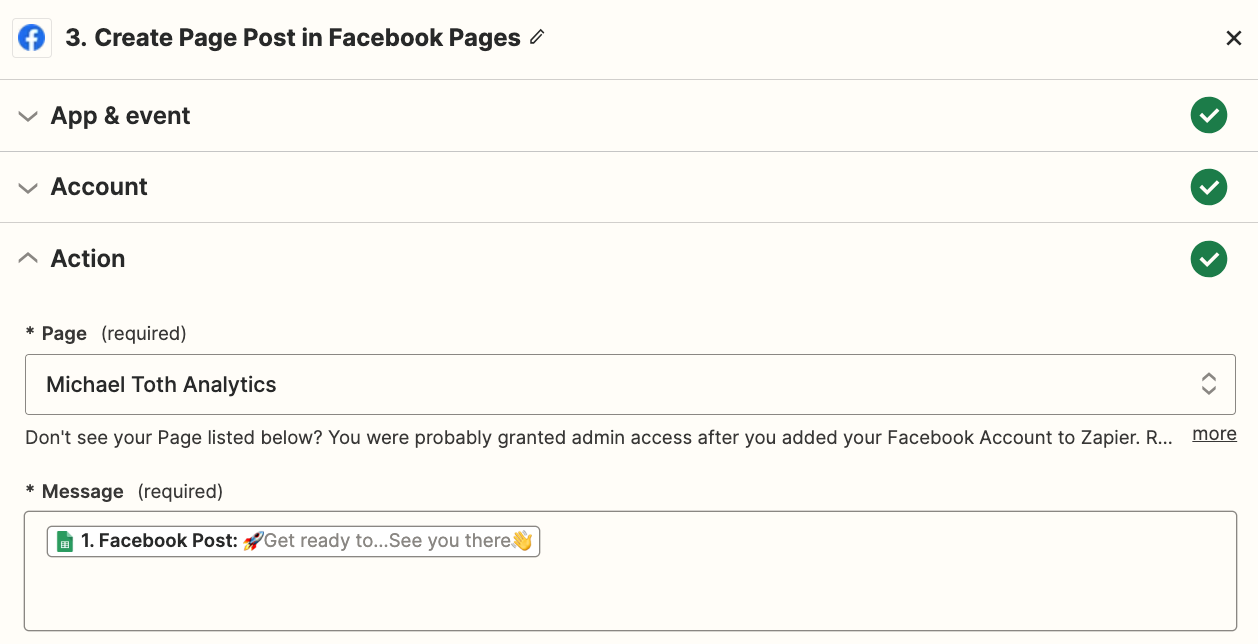 A Facebook Pages action step in the Zap editor with fields filled in.