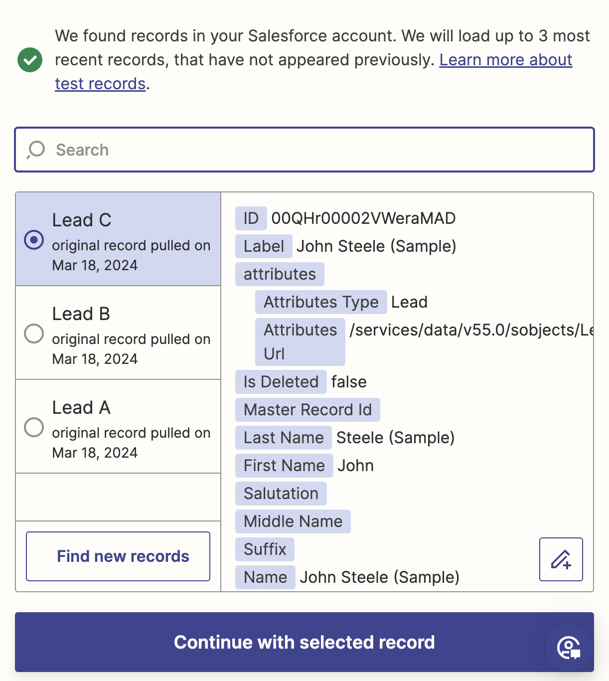A set of Salesforce lead data in the Zap editor, with one lead selected.