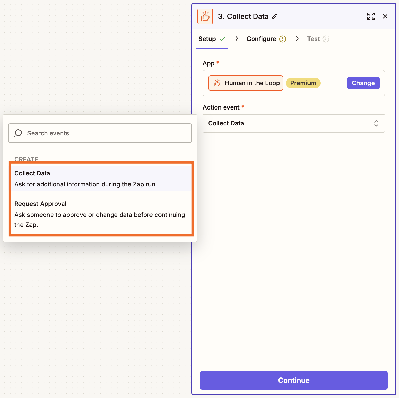 A screenshot of a modal in the Zap editor with options to select one of two action events: Collect Data or Request Approval