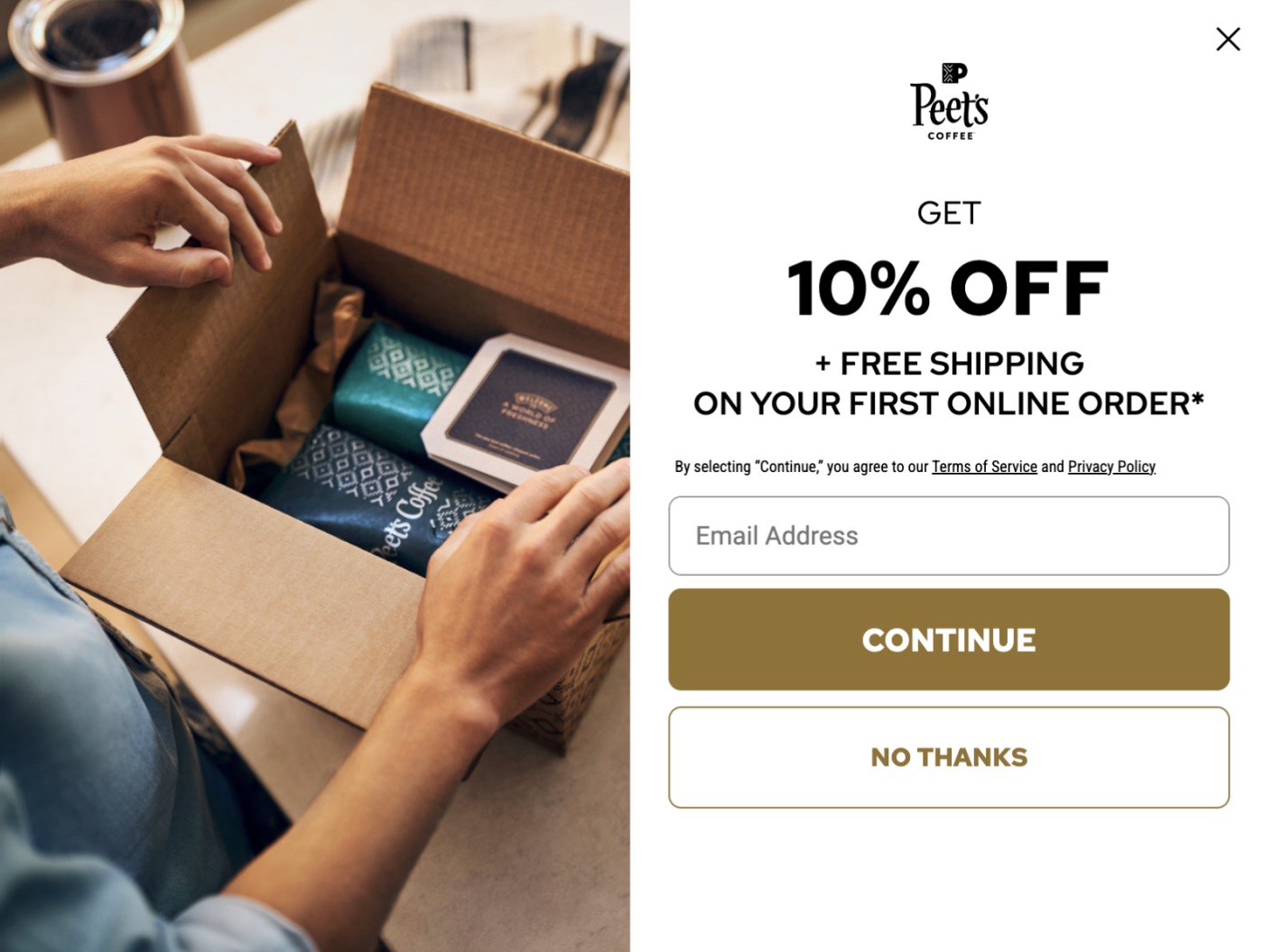 A 10% off popup from Peet's Coffee, a lead magnet example of a discount offer