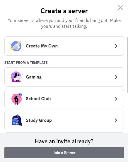 Selecting a server type when creating a Discord server