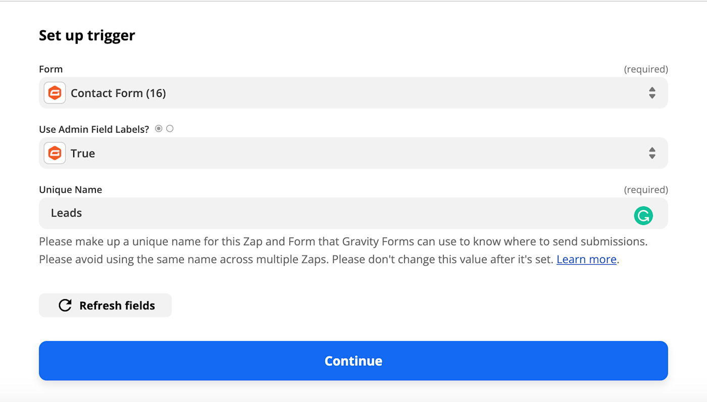 A series of fields under the "Set up trigger" header above a blue "Continue" button.