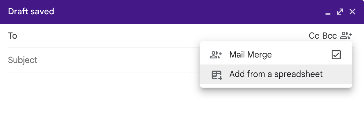 Gmail message box with an expanded view of the use mail merge dropdown. Mail merge is selected and the option to add from a spreadsheet is highlighted. 