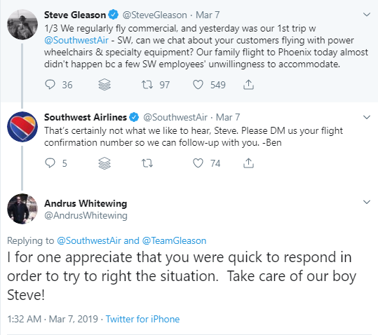 Someone making a complaint about Southwest Airlines on Twitter. Southwest responds promptly asking for a DM, and someone else responds that they appreciate the quick response.