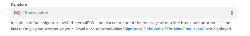 The text "Signature" with the red and white envelope Gmail app logo in a dropdown.