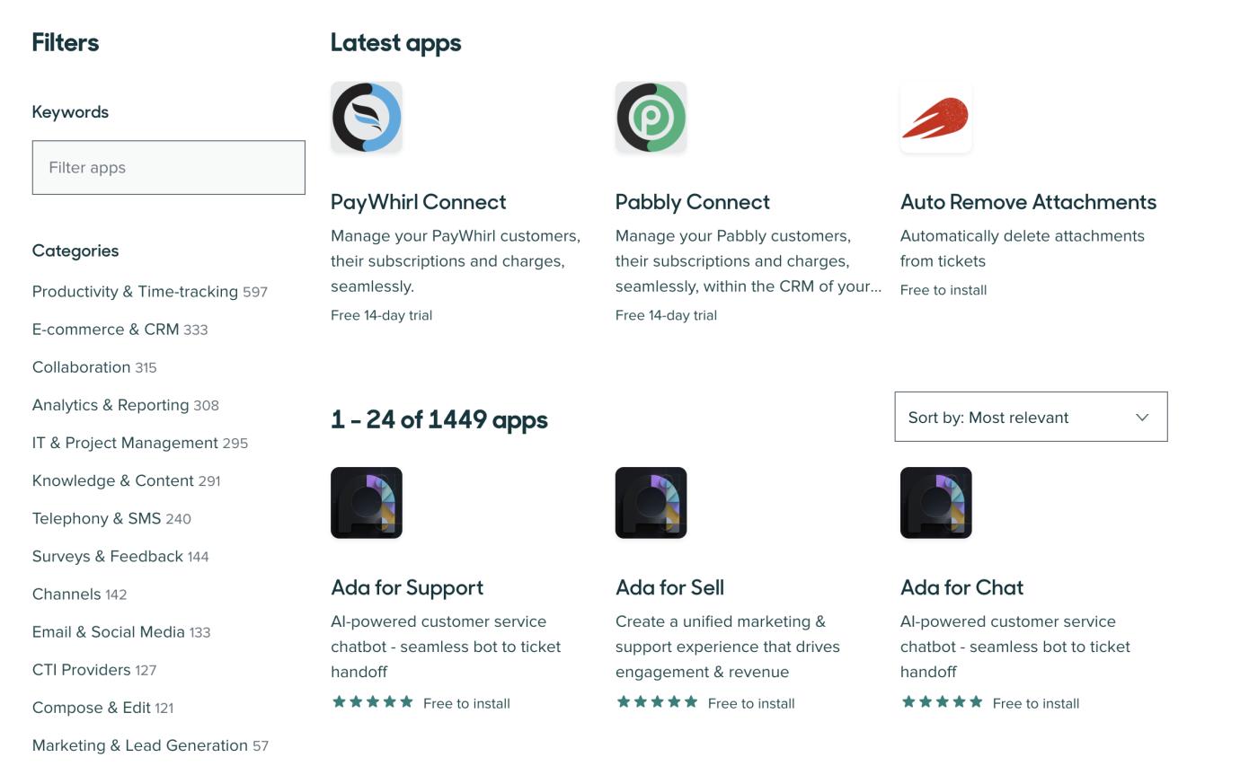 Screenshot of Zendesk’s comprehensive list of apps and integrations.