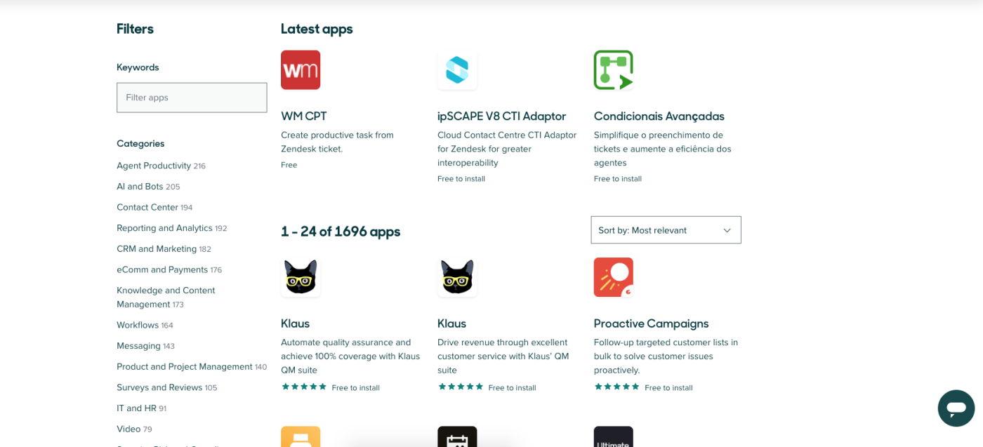 Screenshot of Zendesk’s comprehensive list of apps and integrations.