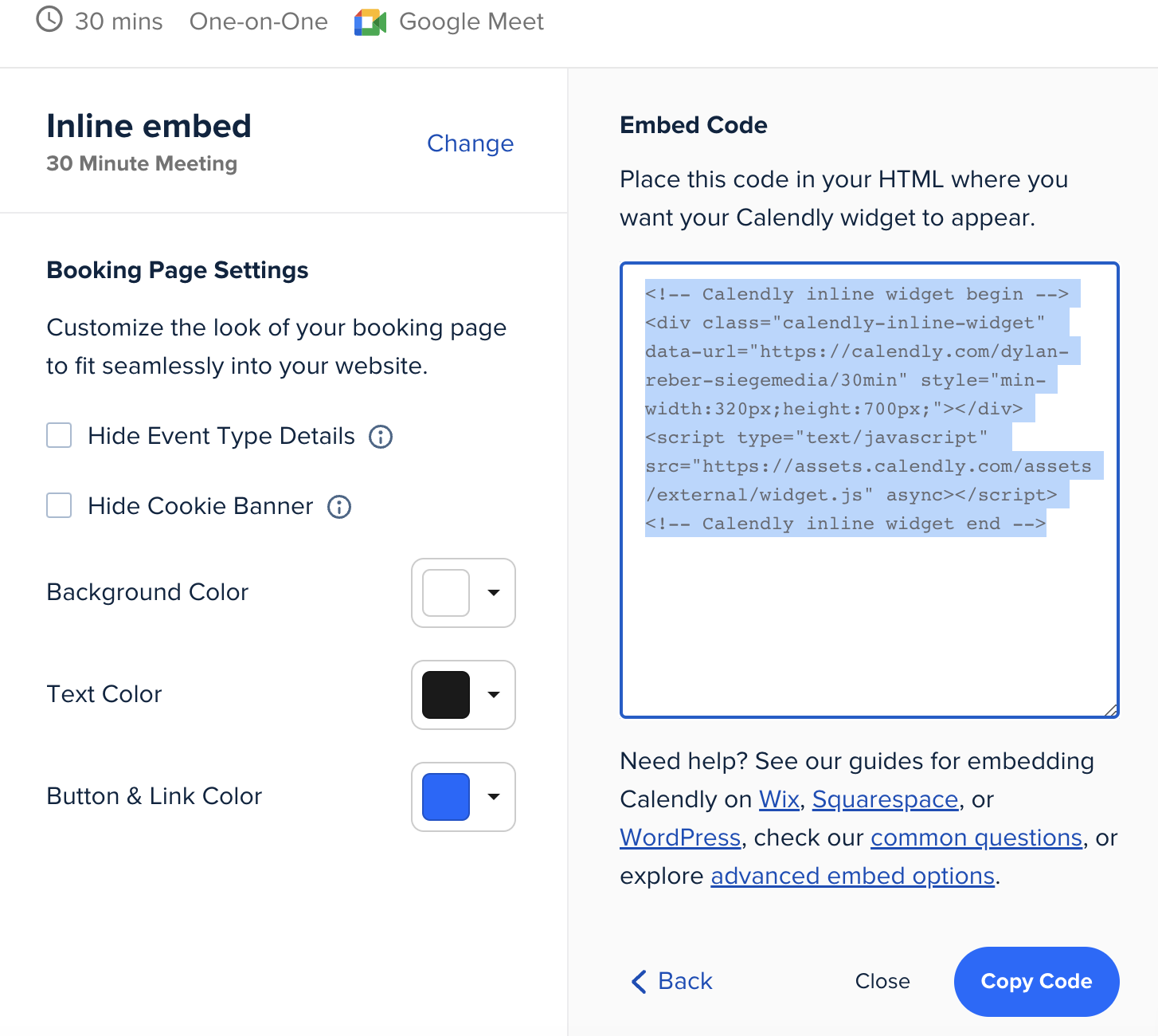 Screenshot of the embed code in Calendly