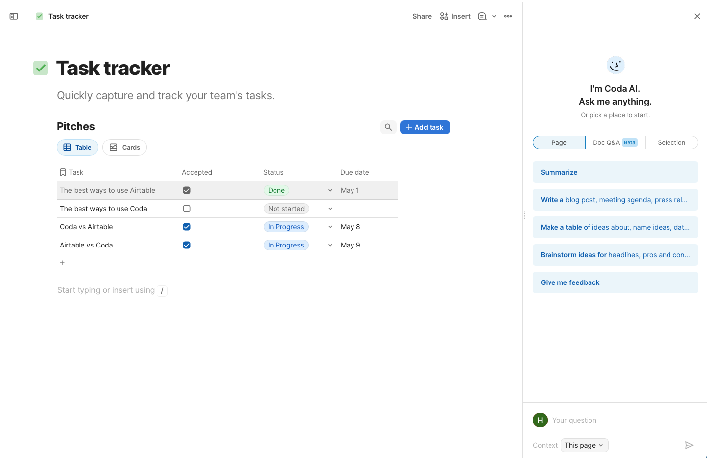 Coda, our pick for a document-based Airtable alternative